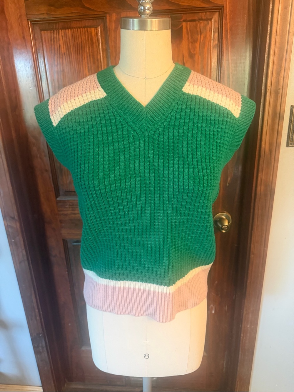 Marni Green V-Neck Sleeveless Sweater Vest with Pink & White Trim